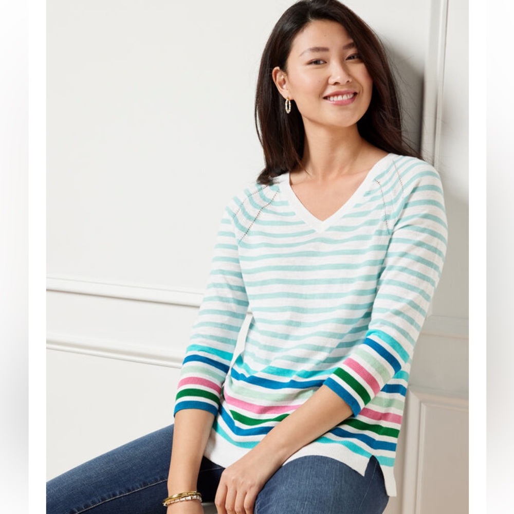 Talbots Paradise Stripe V-Neck Cotton Sweater